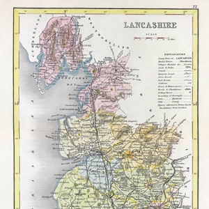 Mapa coloreado a mano c1840 Lancashire Inglaterra Antiguo grabado por Joshua Archer Delicioso mapa detallado más pequeño listo para montar y enmarcar
