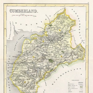 Mapa de Cumberland, pequeño, fino y detallado, c1840, listo para montar y enmarcar, regalo o presente, coloreado a mano, original victoriano, papel verjurado grabado