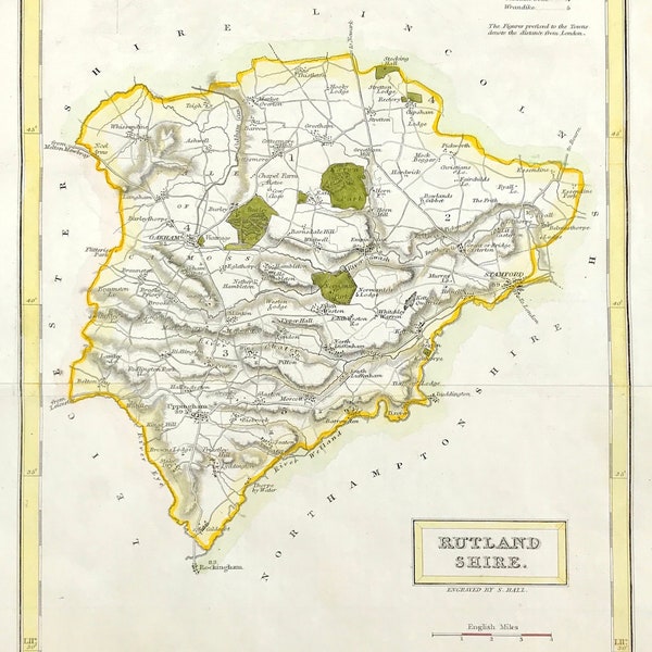Rutlandshire map 1831 by Sidney Hall antique small fine detail ready to mount and frame hand coloured Victorian original engraved gift
