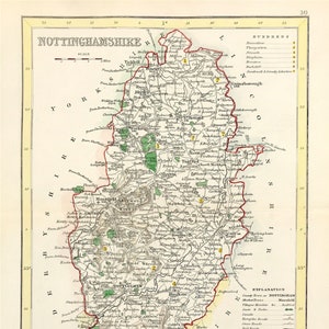 Mapa de Nottinghamshire de 1840, pequeño, fino y detallado, listo para montar y enmarcar, coloreado a mano, original victoriano, grabado, regalo