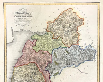 Cumberland map 1838 fine details of county, Antique Copper Engraved with outline and wash colour, wall art ready for mount and frame