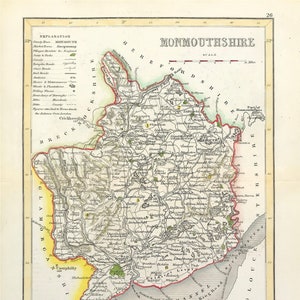 Mapa de Monmouthshire, pequeño, fino y detallado, listo para montar y enmarcar, regalo o presente, coloreado a mano, original victoriano, grabado.