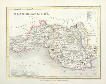 Glamorganshire antique map c1840 small fine detailed map ready to mount and frame gift or present hand coloured Victorian original engraved