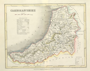 Wales Cardiganshire map 1840 small fine detailed map ready to mount and frame gift or present hand coloured Victorian original engraved