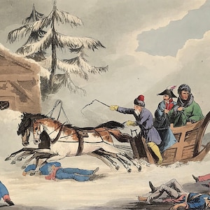 Napoleon Bonaparte&#39;s Flight in Disguise from Russia 1811 print Jenkins Martial Achievements Military Battles ready to frame