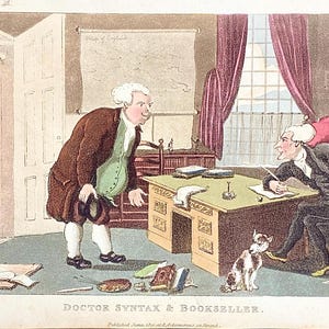 Puede incluir: Ilustración de dibujos animados colorida titulada "Doctor Syntax & Bookseller". La imagen representa una habitación con dos hombres, un perro y un mapa. Un hombre está de pie con un abrigo marrón, mientras que el otro está sentado en un escritorio. La escena está llena de libros y papeles.