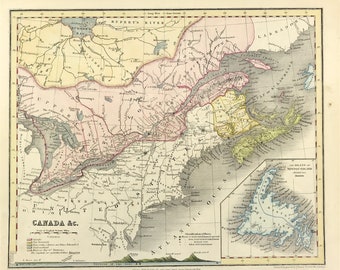 1840 Canada antique map showing Mountain Ranges, population original with vibrant hand colour, rare map collector rare map gift