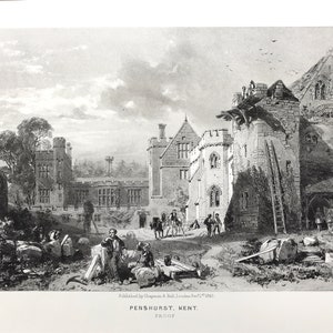 Antique Print View of PENSHURST PLACE 1843 an original lithotint print of the 14th century manor house in Kent England