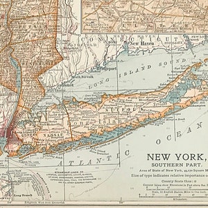 Carte de la ville de New York et du sud de l'État de New York du Century Atlas of the World, impression originale avec lithographie couleur, idée cadeau pour les amateurs de New York, 1901