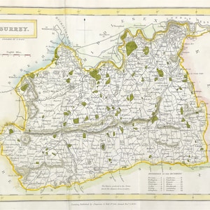 map of Surrey c1831 by Sidney Hall antique small fine detail ready to mount and frame hand coloured Victorian original engraved gift