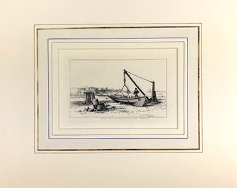 1828 Boat lovers antique nautical print SKIFF at West India Dock Blackwell by marine artist E. W. Cooke original engraving, with mount