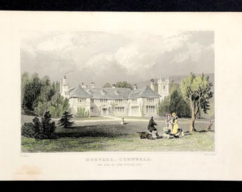 Cornwall England Morval Historic Manor Original by Thomas Allom Original engraved print with hand colour collectors print c1830