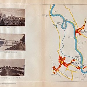 Themse Karte von Henry W. Taunt c1885 von Laleham Horse Schuhe und weiter nach Chertsey Lock 130 Jahre alte antike Karte