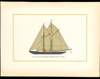 Fishing Schooner Down Easter Bank Ethel B. Penny original lithograph print drawing by Gordon Macfie  Swedish Marine artist to frame c1960