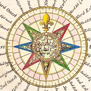 gráfico de rosa dos ventos gravado por alain mallet c1683 colorido à mão original c1683 - mais de 300 anos