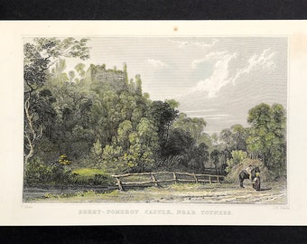 c1830 Totnes Devonshire England Berry Pomeroy original engraved print by Thomas Allom with hand colour collectors prints