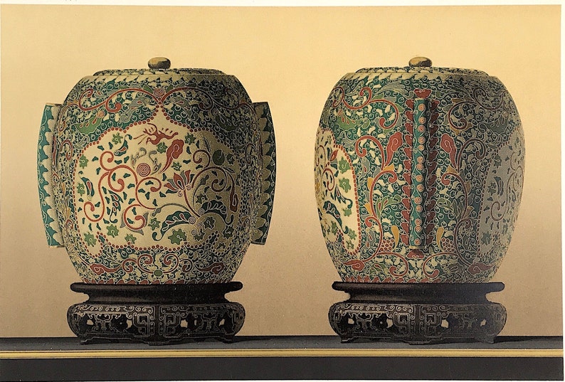 Scarce litho CLOISONNE ENAMEL JAR from Ornamental Arts of Japan George Audsley c1882 beautiful colour lithograph