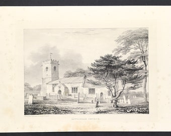 Devon Littleham Chuch 1842 picturesque view by William Spreat lithotint print drawn from nature and on stone unique gift now St Margarets