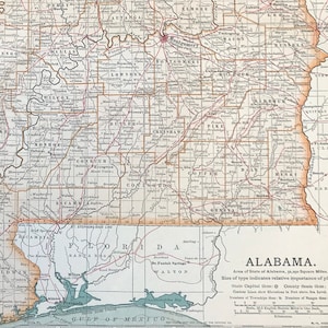 Kaart staat Alabama Montgomery Mobile Bay Birmingham Huntsville Tallapoosa en Coosa rivieren c1901 originele atlasprint met kleur
