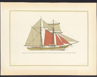 Topsail Schooner Champenoise of Granville French original litho print drawing by Gordon Macfie Swedish Marine artist ready to frame