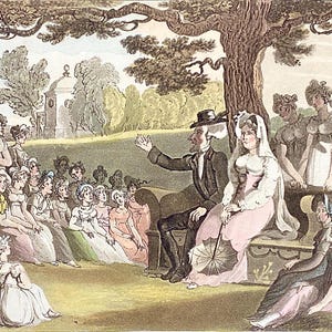 Peut inclure: Illustration ancienne représentant un rassemblement de personnes dans un parc. Un homme en costume et chapeau noirs gesticule vers une femme assise en robe rose. D'autres femmes en tenue d'époque sont assises et debout à proximité, avec un petit bâtiment en arrière-plan.