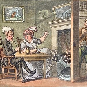 Peut inclure: Une gravure ancienne, colorée à la main, représente une scène domestique caricaturale. Un homme fume la pipe à table avec une femme qui gesticule avec un fouet. Un chien regarde l'homme. Deux personnages regardent par une porte, surpris.