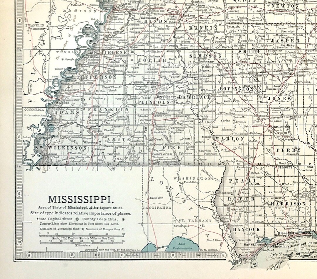 1901 State of Mississippi Map Jackson Mississippi River Etsy