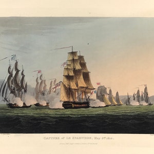 Maritime Navy Capture of Le Sparviere for Jenkins Naval Achievements 1810 original aquatint print exceptional hand colour with folio text