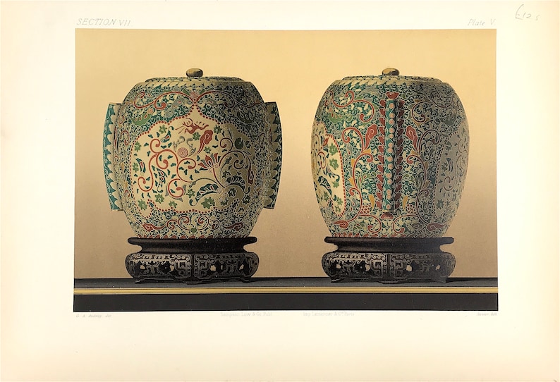 Scarce litho CLOISONNE ENAMEL JAR from Ornamental Arts of Japan George Audsley c1882 beautiful colour lithograph