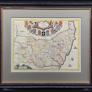 Carte encadrée du Suffolk 1694 Originale par Schenk et Valk avec une belle carte de collectionneurs en couleur de 325 ans