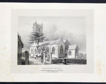 Exeter Bradninch Church Devon 1842 view by William Spreat print drawn from nature and on stone unique collectors gift print of St Disen