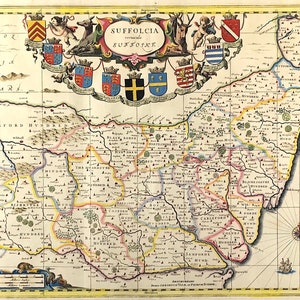 Carte originale du Suffolk 1694 par Schenk et Valk avec une belle couleur à la main, idée cadeau de décoration de carte de collectionneurs de 325 ans