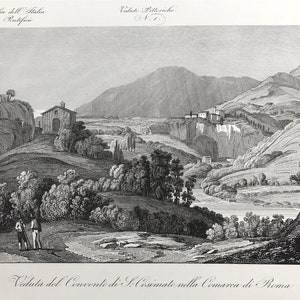 Italy Convent of St Cosimato Comarca view of Rome antique etching Large wall print Panoramic 1840 original