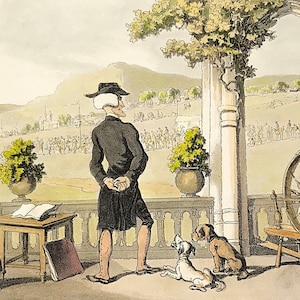 Peut inclure: Illustration ancienne représentant un homme en noir et chapeau sur un balcon, surplombant un paysage. Une femme file de la laine, et deux chiens sont à proximité. Une table avec des livres et une chaise sont également présentes.