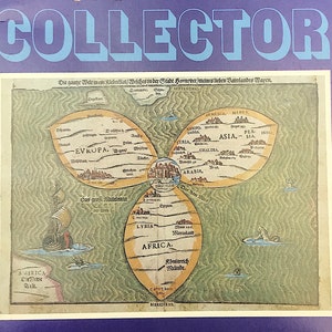 Peut inclure: Une impression de carte ancienne avec un design unique à trois pétales, avec les mots "EVROPA", "ASIA" et "AFRICA". La carte comprend des illustrations de navires et de personnages dans l'eau, avec le mot "COLLECTOR" en haut.