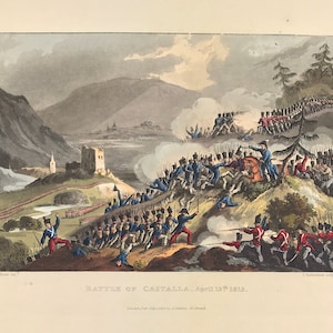 Battle of Castalla aquatint for Jenkins Martial Achievements Military Battle collectors prints ready to frame c1813