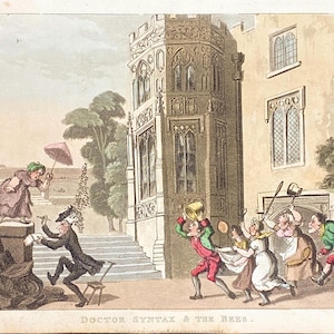 Peut inclure: Illustration vintage et colorée intitulée "Doctor Syntax & The Bees". L'image représente une scène chaotique avec des personnages fuyant un bâtiment. Une femme tient un parapluie, et un homme court avec une chaise. L'œuvre a un style historique et caricatural.