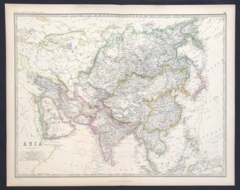 Map of ASIA 1869 china India Indonesia Pakistan Phillippeans Japan etc Keith Johnston Royal Atlas original with hand colour