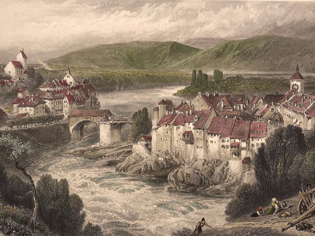 River Rhine at Laufenberg Switzerland 1877 Engraved and Delicate Hand ...