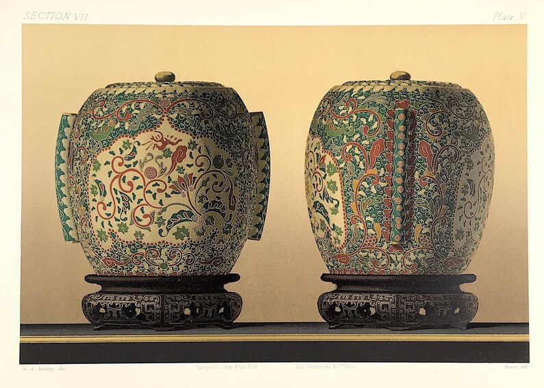 Scarce litho CLOISONNE ENAMEL JAR from Ornamental Arts of Japan George Audsley c1882 beautiful colour lithograph
