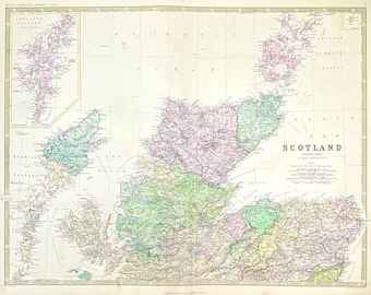 Mapa de Escocia de 1869: Región Norte, Impresión antigua coloreada a mano