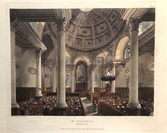 Print St Stephen's Walbrook London aquatint by Thomas Rowlandson & Augustus Pugin from Rudolph Ackermann's Microcosm of London 1809