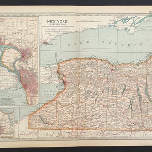 Map New York Western Part from Century Atlas of the World 1901 Buffalo Niagara Lake Ontario coast original print with colour ideal gift