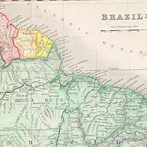 Map of Brazil showing Mountain Ranges, population original with vibrant hand colour, map collector gift, historic rare map c1840