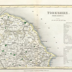Mapa de Yorkshire North Riding Whitby Coast 1840 antiguo pequeño mapa detallado listo para montar y enmarcar coloreado a mano original victoriano