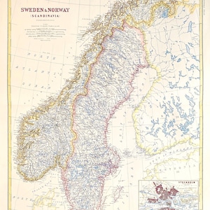 kaart Scandinavië, Zweden en Noorwegen 1869 groot door Keith Johnston Royal Atlas origineel met handgekleurde muurkunst klaar om antiek in te lijsten