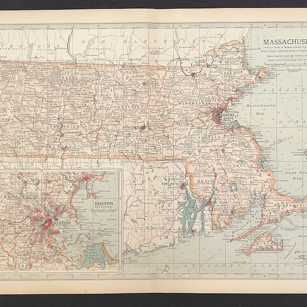 Massachusetts State Map 1901 America BOSTON from Century Atlas of the World Northeastern United States original litho colour