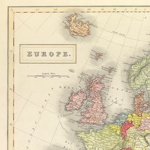 handkleurenkaart Europa 1840 door Sidney Hall midden 19e eeuw kaart fijn detail antiek, muurkaartkunst klaar om in te lijsten cadeau-ideeën