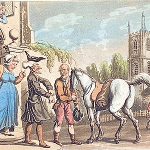 Peut inclure: Une estampe vintage, coloriée à la main, représente une scène avec plusieurs personnages et un cheval. Une femme en robe bleue fait un geste vers un homme en manteau sombre. Un homme tient les rênes du cheval. Un clocher d'église est en arrière-plan.