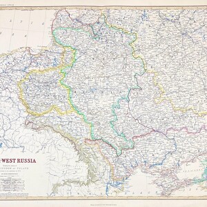 Mapa del suroeste de Rusia c1869 de Keith Johnston, original del Atlas real con arte mural pintado a mano, listo para enmarcar, estilo antiguo